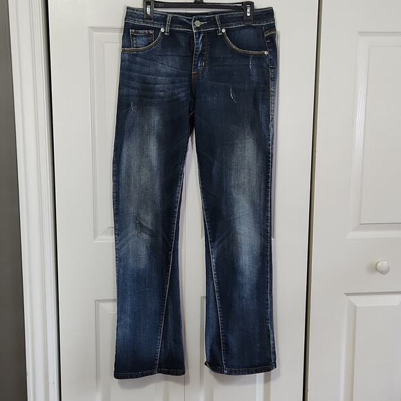 17/21 Dark Wash Stretch Decorative Stitching Zip Button Closure Slight Flare 10 - Picture 1 of 14